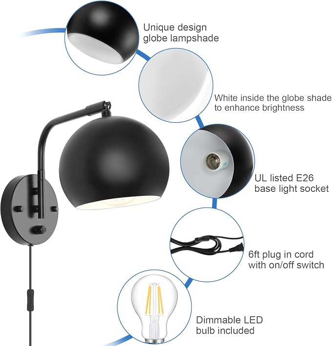 VATONI Dimmable Wall Sconces Set of 2, Plug in Wall Sconces Swing Arm Wall Lights with Plug in Cord and Dimmer On/Off Knob Switch, Black Globe Wall Light for Bedside Bedroom Bathroom(2 Bulbs Included)