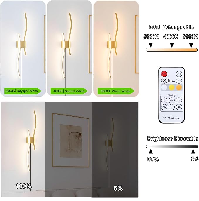 Daunton Modern Gold Plug in Wall Sconces Set of 2 - Smart Dimmable LED Wall Lights with Remote, 3CCT Adjustable & Memory Function, Timer Setting - No Wiring Needed for Living Room, Bedroom, Hallway