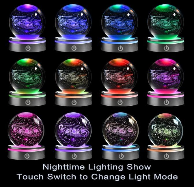 Solar System 3D Crystal Ball with LED Stand, 80mm Galaxy Model Decor Glass Sphere Lamp Night Light, Space Universe Astronomy Gifts for Women Men Mom Kids