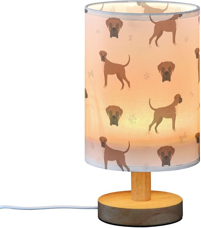 Table Lamp Boxer Dog Pattern Nightstand Lamp with Wood Base Fabric Lamp Shade Bedside Desk Lamp for Living Room Bedroom Kids Room Office