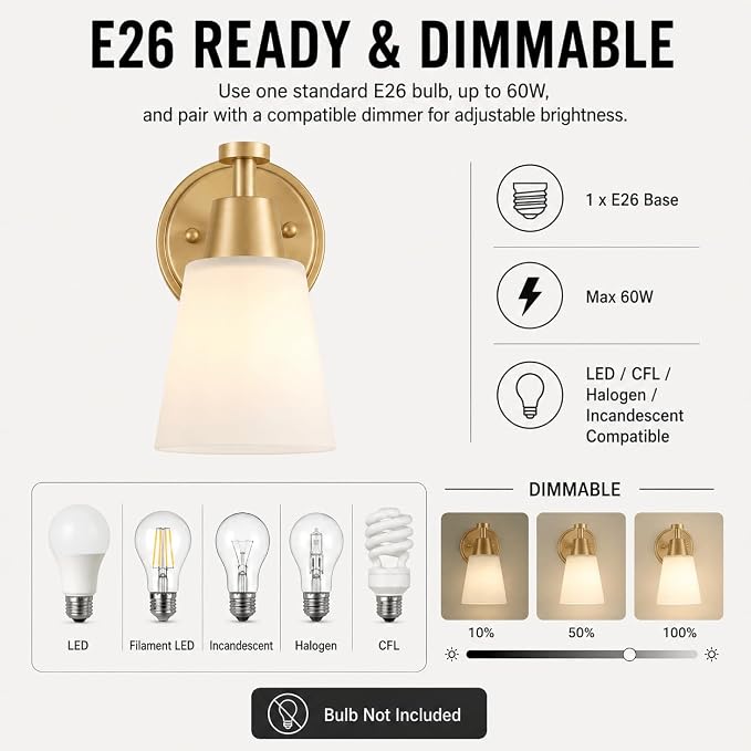 Wall Light Fixtures, 2-Pack Brushed Gold Vanity Lights with Milk Glass Shade, Modern Farmhouse Wall Sconces for Gallery, Mirror, Bedroom, and Bathroom,1 Light