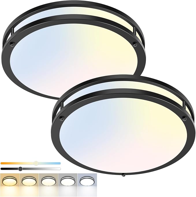 hepside 2 Pack Flush Mount Ceiling Light Fixture, Dimmable & 5Color Temperatures Ceiling Light Black, 16inch 36W 3000K 3500K 4000K 5000K 6500K Adjustable Ceiling Lamps for Bathroom Bedroom Hallway
