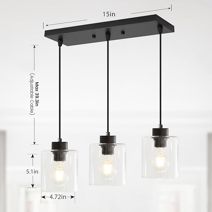3-Light Pendant Light Fixtures with Clear Glass, Black Hanging Light Fixture for Ceiling, Adjustable Kitchen Island Light for Dinning Room, Bedroom,Hallway, E26 Base, Bulbs Not Included