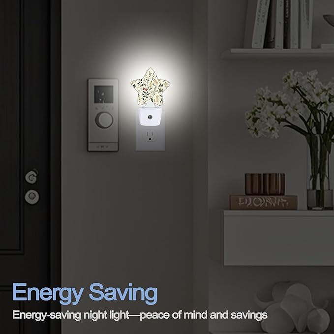 Spring Wildflowers Night Light,Green Herb Plants Plug-in Star Night Lights with Dusk-to-Dawn Sensor for Bedroom,Bathroom,Living Room Sleep Friendly Lamp for Women Girls Boys Gift,0.5W