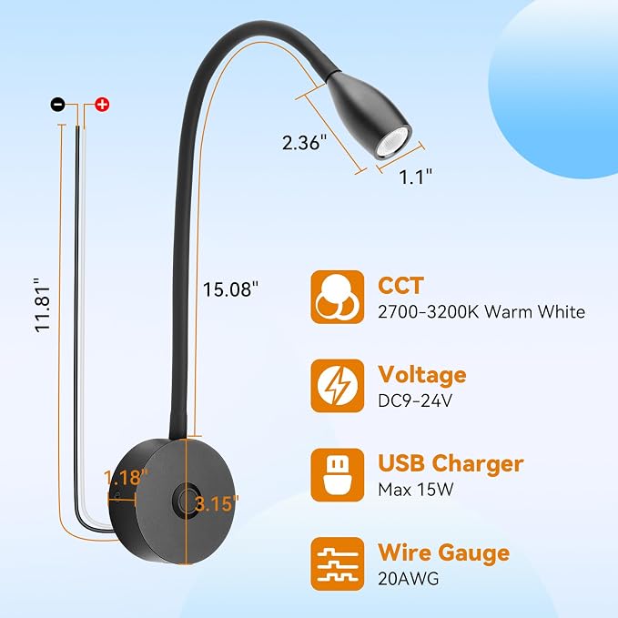 12V LED Reading Light RV Bedside Dimmable Reading Light with USB Charging Port 12 Volt Flexible Gooseneck Lamp for RV Boat Camper Van Travel Trailer Interior Lighting, 2 Pack