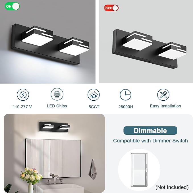 LED Modern Bathroom Vanity Light Fixtures, Dimmable Matte Black Vanity Lights for Bathroom Lighting Fixtures Over Mirror, with 360° Rotatable Acrylic Heads 2-Light 16-inch 5CCT