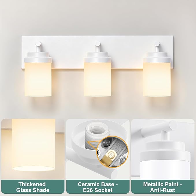 IZORRO Bathroom Vanity Light Fixture, 3-Light 22 Inch White Bathroom Light Fixtures Over Mirror, with White Glass Shade, Modern Farmhouse Vanity Lights, Rustic Restroom Lighting Fixtures