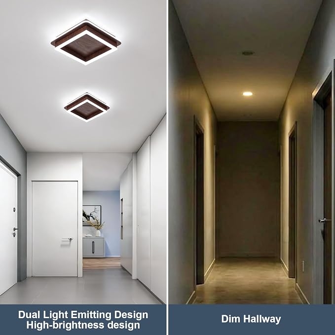 CANEOE Square Modern LED Light Fixture, 32W Flush Mount Hallway Light, 6000K Small Close to Ceiling Lamp for Living Room, Bedroom, Kitchen, Balcony, Cloakroom (Wood, 1 Pack)