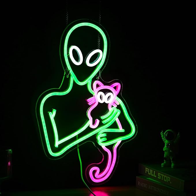 Aliens Cat Neon Sign Funny Green Aliens Pink Cat Led Light Up Sign For Wall Decor Dimmable USB Powered Neon Light For Art Wall Decorations Game Room Party Kids Birthday Gifts