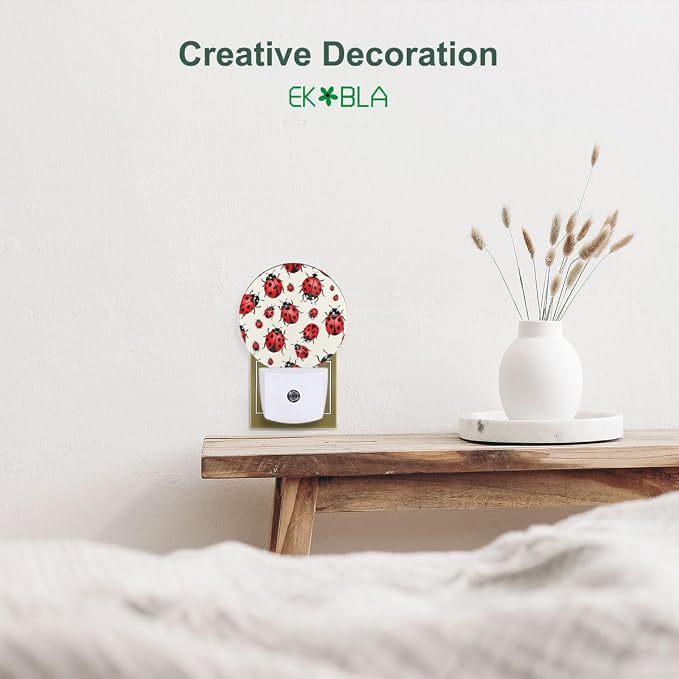 EKOBLA Cute Ladybug Night Light, Red Black Dots Ladybugs with Dusk to Dawn Light Sensors, Warm Nightlights for Bedroom, Bathroom, Hallway, Kitchen