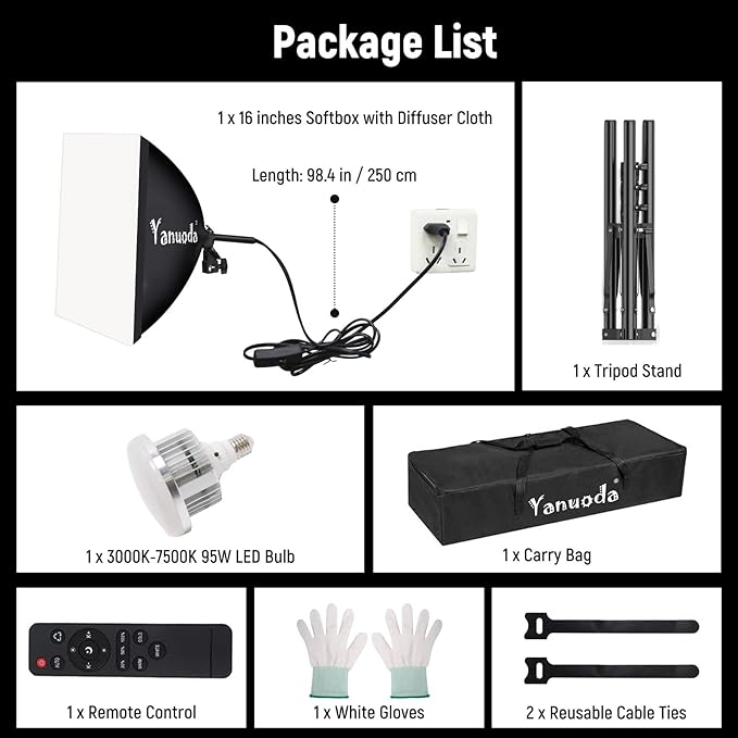 Softbox Photography Lighting Kit with Telecontrol, 16"x16" Softbox Light Kit, 95W 3000K-7500K LED Bulb(CRI 97 & TLCI 97), Soft Box Lights for Video Recording/Live Streaming/Photography