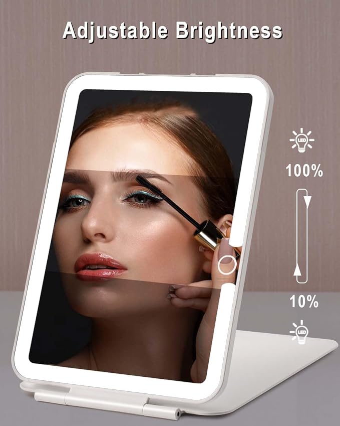 Travel Mirror with Light,7x5 inch Rechargeable Portable Lighted Makeup Mirror,3 Color Lighting Adjust Brightness,Tabletop Folding LED Compact Mirror