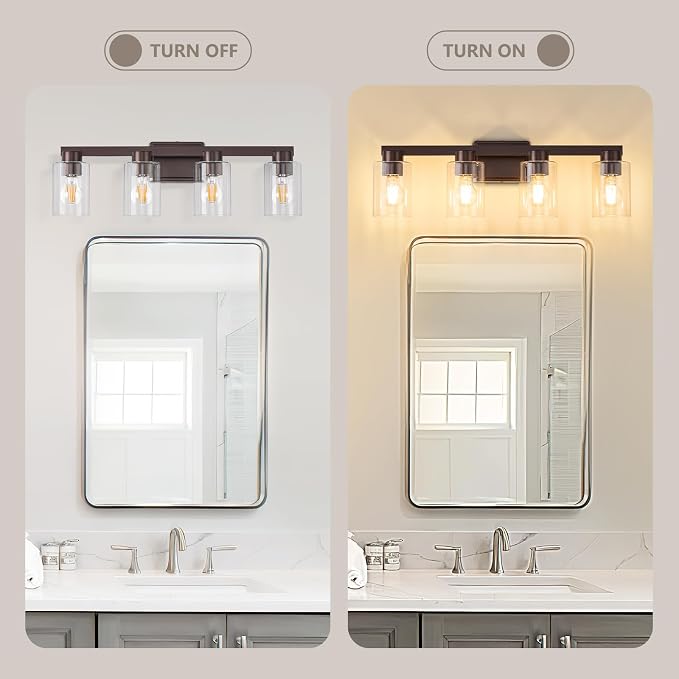 4-Light Bathroom Light Fixtures with Clear Glass, Oil Rubbed Bronze | Vanity Lights, Modern Wall Sconces, Over Mirror for Bathroom, Powder Room, Living Room