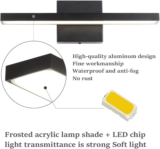 Ralbay 15.7 inch Modern LED Black Vanity Light 12W Frosted Aluminum for Bathroom Vanity Lighting Fixtures Natural White 4500K