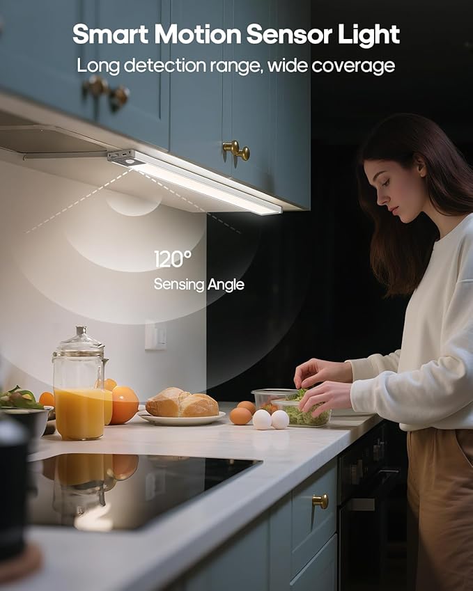 17.5Inch Under Cabinet Lighting, 4500mAh Rechargeable Battery Motion Sensor Light Indoor, Wireless Under Cabinet Lights for Kitchen, Closet(4 Pack,17.5inch)