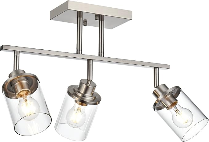 Yaohong 3-Light Track Lighting Kit Brushed Nickel Track Lighting Fixtures, Bathroom Wall Light Ceiling Mount Rotatable Spotlights, Kitchen Ceiling Light Fixtures with Glass Shade for Bathroom Hallway