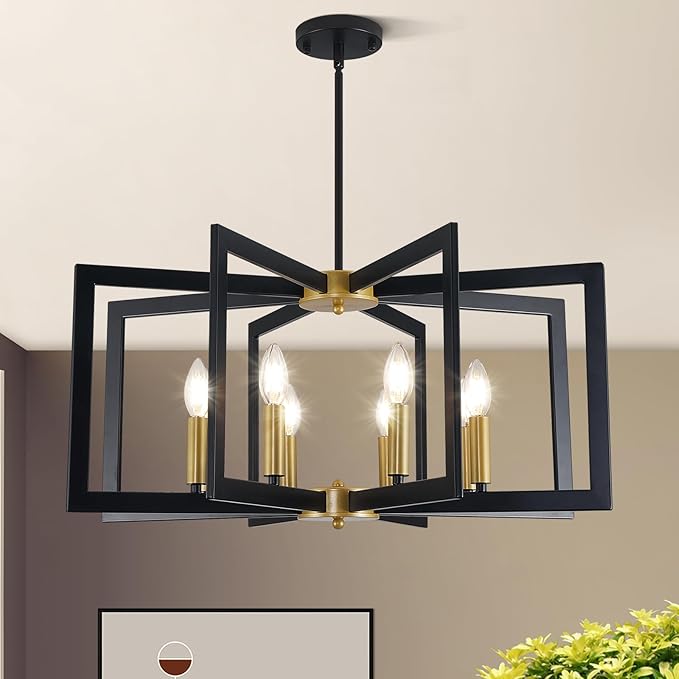 27.6" Modern Black and Gold Chandelier for Dining Room, 8-Light Easy To Install Farmhouse Dining Room Light Fixture Over Table, Industrial Hanging Pendant Lights for Kitchen Island, Foyer, Entryway
