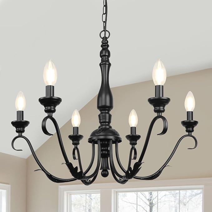 6-Light Black Chandelier, 23.62'' Farmhouse Rustic Chandeliers for Dining Room, Modern Industrial Metal Hanging Light Fixture, Vintage Chandelier for Foyer Entryway Hallway Kitchen