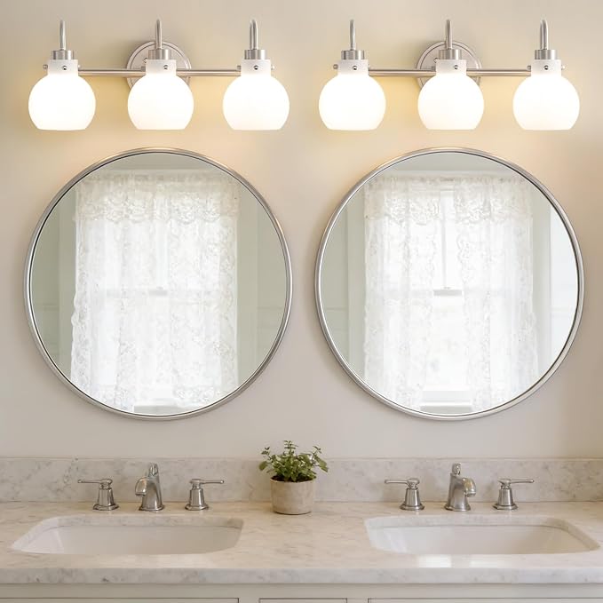 Bathroom Wall Light Fixture Brushed Nickel 3 Light Vanity Light | Wall Sconce with Milk Globe Glass Shade Bath Wall Lamp over Mirror Farmhouse Wall Mount Light for Living Room Bedroom Hallway