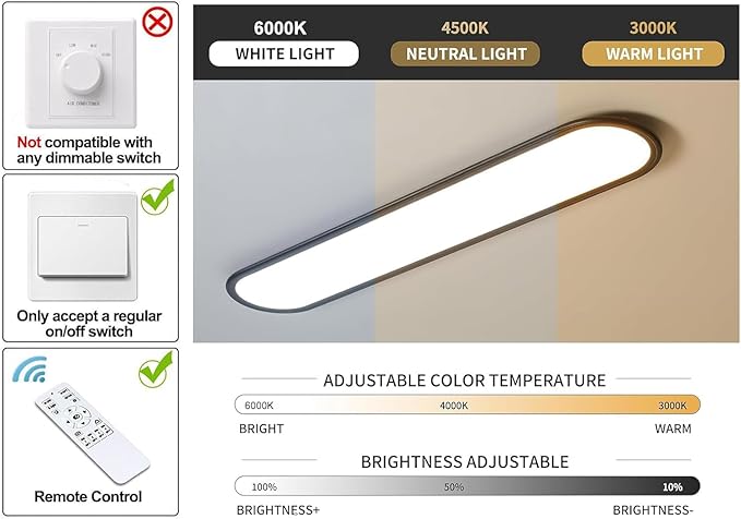Modern Linear Ceiling Lights,48W Dimmable LED Ceiling Lamp, High Brightness Long Ceiling Light,39.4 Inch Ultra Thin Low Profile Light Fixture for Bedroom Kitchen Closet Hallway,Black