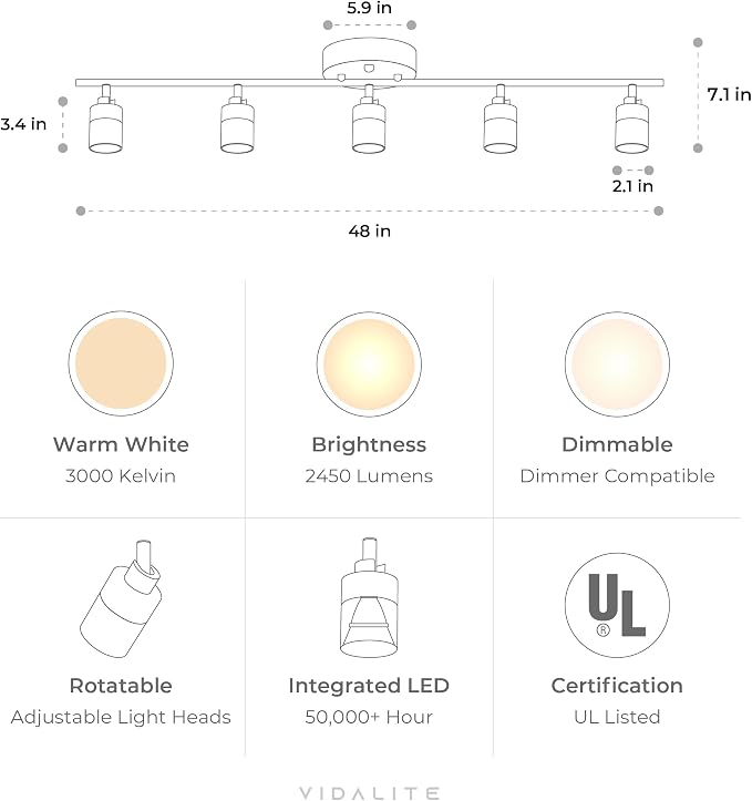 Shura Burnt Sienna 5-Light Track Light with Rotatable Heads, Integrated LED Bulbs, 4 ft. Track Lighting Kit, 3000k, 2450 Lumens