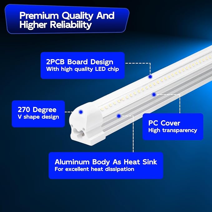hykolity 4FT LED Shop Light, V Shape Integrated T8 LED Tube Light, 5200LM, 40W, 6500K Super Bright White,high Output Linkable Shop Lights W/Built-in ON/Off Switch for Warehouse, ETL, 10 Pack