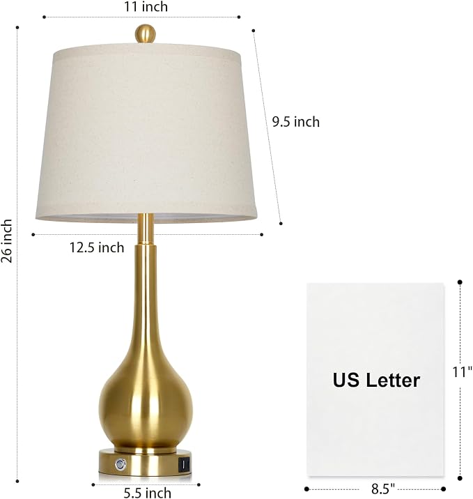 26" Gold Table Lamps Set of 2 for Living Room, Touch Control Bedroom Lamps for Nightstand, 3-Way Dimmable Bedside Lamp with USB A+C Port (2 LED Bulbs Included)