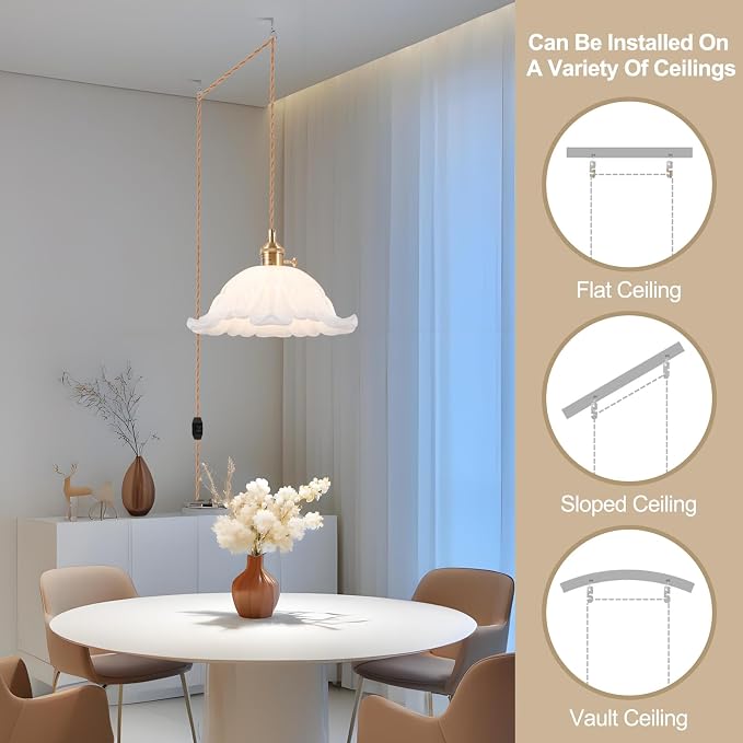 Plug in Pendant Light Fixtures,Hanging Light Fixture Corded On/Off Switch,11 inch E26 White Glass Lampshade Pendant Lighting for Kitchen Island, Bedroom, Dining Room