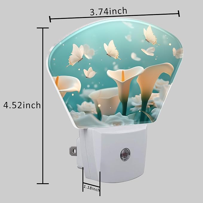 White Calla Lily Night Light Plug into Wall, White Butterfly Night Light with Dusk to Dawn Sensor for Kid Girls Boys Women Men Room, Hallway, Kitchen, Bathroom, Stairs Decor
