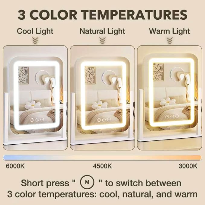 Vanity Mirror with Lights, 12"×13.9" Makeup Mirror with LED Lights, Lighted Makeup Mirror with Smart Touch Control & 3 Dimmable Color Modes, Mirror with Lights for Desk, Bedroom, Dressing Room