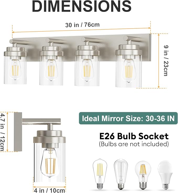 IZORRO Bathroom Vanity Light Fixture, 4-Light 30 Inch Brushed Nickel Bathroom Light Fixtures Over Mirror, with Clear Glass Shade, Modern Farmhouse Vanity Lights, Rustic Restroom Lighting Fixtures