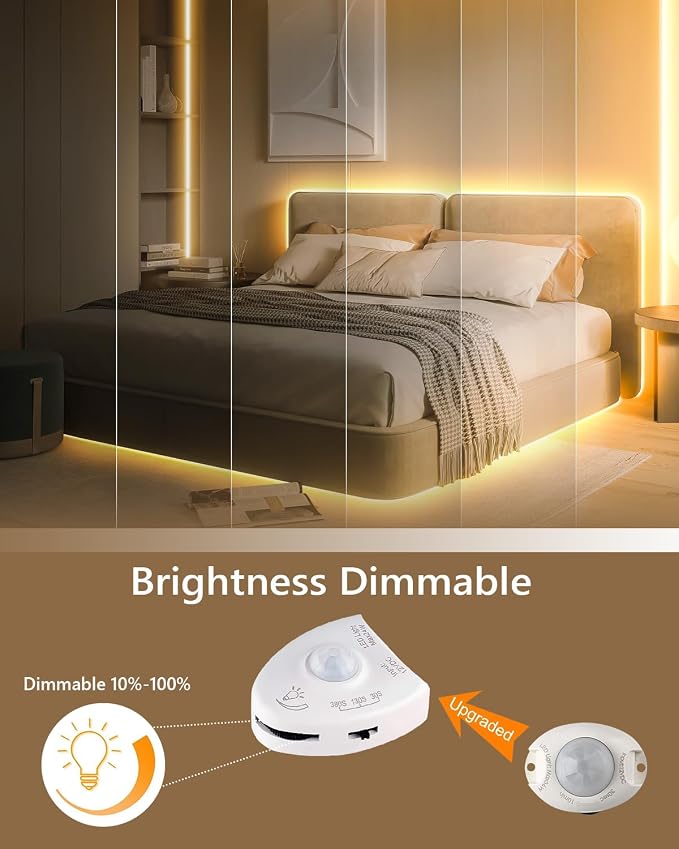 WILLED Under Bed Lights, Dimmable Motion Activated Led Light Strip, Under Bed Lighting with Motion Sensor and Power Adapter, Soft Warm Glow LED Lights for Bedroom, Crib, Cabinet and Bathroom