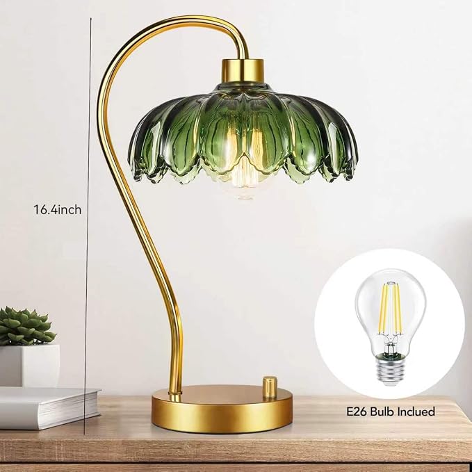 ILLMTW Flower Table Lamp for Bedroom Living Room,Small Gold Bedside Lamps Dimmable Boho Bedroom Lamp with Glass Green Lamp Shade,Vintage Mid Century Modern Mini Nightstand Lamp
