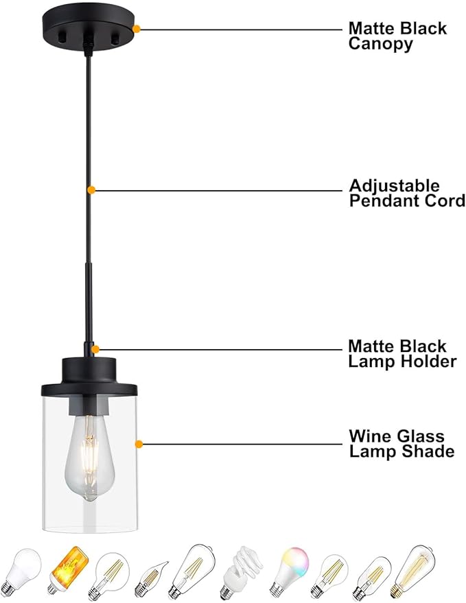 Modern Black Farmhouse Clear Glass Cylinder Pendant Light Fixture, Single Hanging Pendant Lighting for Kitchen Island, Dining Room, Bedroom & Hallway(3 Packs)
