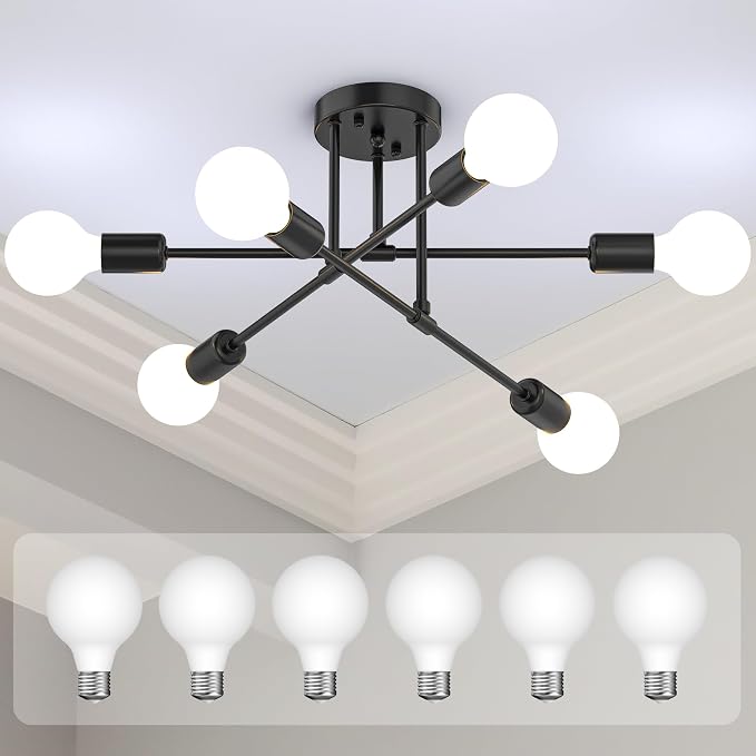 Modern Sputnik Chandelier Ceiling Light Fixtures, 6-Lights 22” Mid Century Industrial Metal Semi Flush Mount for Dining Room, Bedroom, Living Room, 6 Globe Bulbs