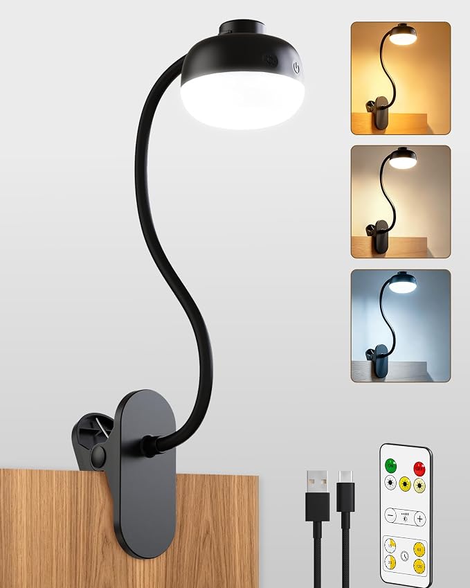 Pebble-Shaped Clip on Reading Light with Detachable Lamp Head, 5000mAh Rechargeable Battery, 360° Ambient Glow, Remote & Timer, Stepless Dimming, 12inch Gooseneck Clamp Lamp for Bed Headboard & Desk