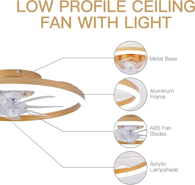 Modern Gold Ceiling Fans with Lights,20" Dimmable Flush Mount Low Profile Ceiling Fans with Remote Control,Indoor Smart Ceiling Fan with Light for Bedroom