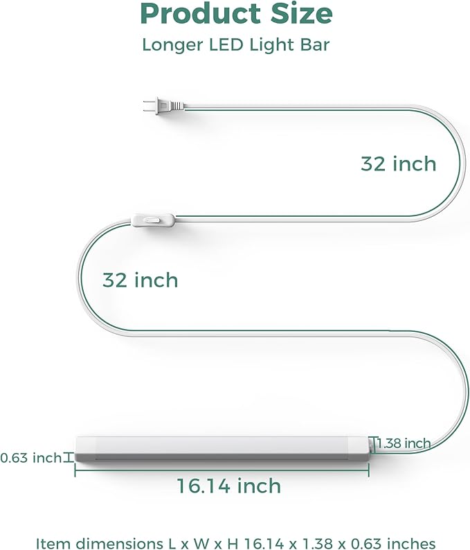 ASOKO 16 Inch Under Cabinet Lights,Plug and Play Under Counter Lighting,4500K Daylight White with 700LM Bright,ETL Light Bar with ON/Off Switch for Kitchen,Under Desk,Workbench-2 Pack