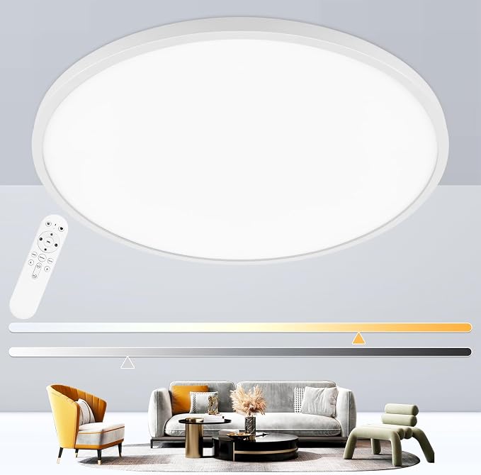 20 inch Dimmable Led Flush Mount Ceiling Light Fixture with Remote Control | 48W 4800LM, Ultra Thin, Modern, Round, White Large Ceiling Lamp for Kitchen Dining Room Bedroom Living Room Home Office