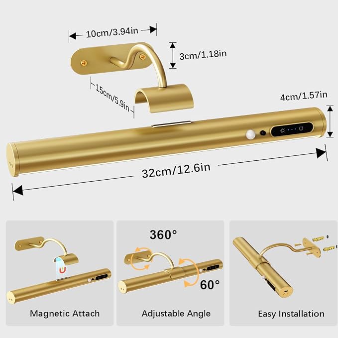 Hapfish Motion Sensor Battery Operated Wall Sconce,Wireless Picture Lights | Rechargeable Magnetic Art Lighting with Remote Control, Battery Picture Light for Wall Poster Dartboard Mirror - Gold