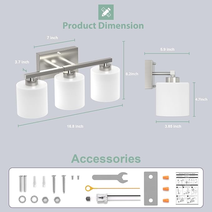 Honesorn Bathroom Light Fixtures Brushed Nickel, 3-Light Vanity Lights | Bathroom Vanity Light with Frosted Shades, Modern Bathroom Lights Over Mirror, Anti-Rust, E26 Socket (Bulbs Not Included)