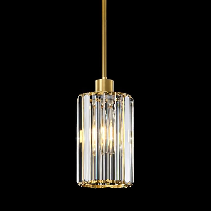 5.1" Mini Modern Brushed Gold Crystal Kitchen Island Pendant Light | Small Crystal Glass Shade, Sparkling Crystal Reflection, Customizable Hanging Height,Fits Most Ceilings, Modern Brushed Brass