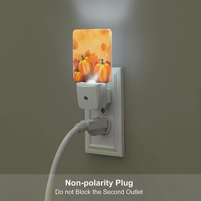 Pumpkins Maple Leaf Thanksgiving Night Light Set of 2, Fall Sunflowers Auto Sensor LED Dusk-to-Dawn Nightlights, Plug-in Sensor Lamp for Bedroom Bathroom Decorative