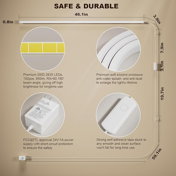 MY BEAUTY LIGHT Bright Silicone LED Under Cabinet Lights, 3.8ft Plug-in 4000K 950lm Warm White Dimmable Under Cabinet Lighting Strip with RF Remote for Kitchen, Under Counter, Bedroom, Bathroom Decor