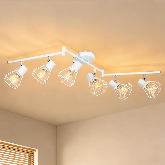 HiBay 6-Light Ceiling Track Lighting Fxiture White, Modern Spotlight, E26 | Rotatable 6 heads with farmhouse metal cage shade for kitchen living room dining area, bulb not included