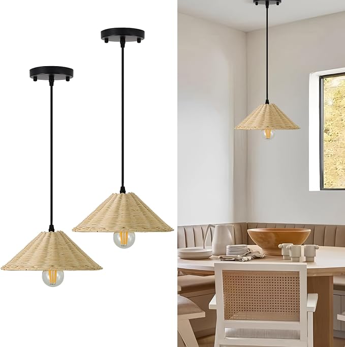 Hard Wired Rattan Pendant Lights Set of 2,Farmhouse Coastal Woven Wicker Ceiling Light with 10.65” Cone Shade, Boho Wired Mounted Hanging Chandelier for Bedroom Dining Room Kitchen Island