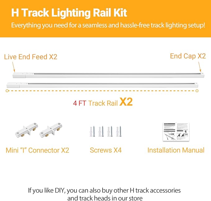 VANoopee H Track Lghting Rails 8FT H Type Track Light Rails White H Track Rail Kit, End Caps & Live End Feed Connector Included, Compatible with Single Circuit 120V H Style Track System & Track Heads