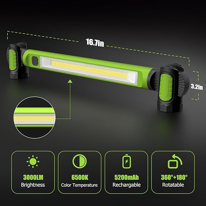 Mechanic Work Light, 3000LM Magnetic Work Lights, 5200mAh Rechargeable LED Work Light Bar, Portable Cordless Underhood Work Lights with Hooks for Inspection Workshop Emergency