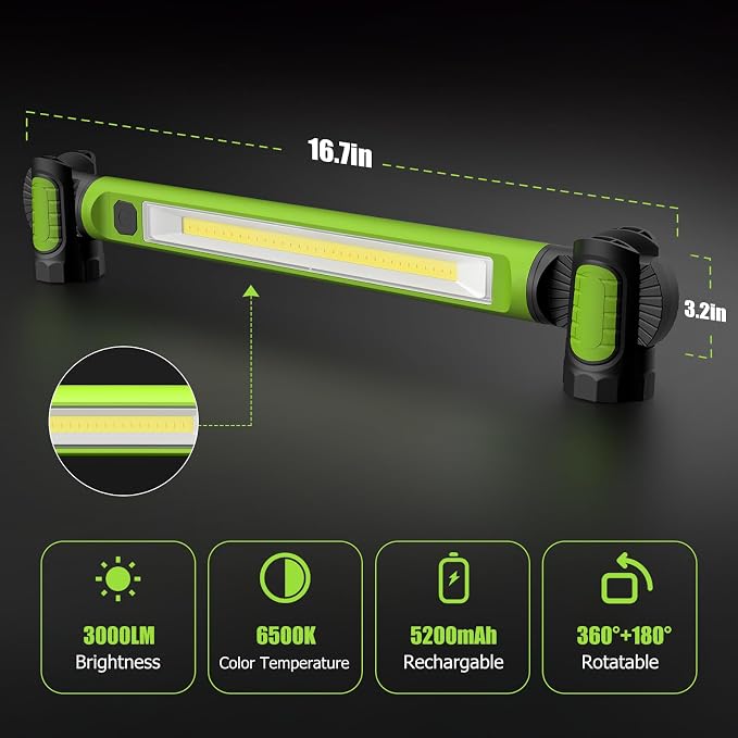 2 Pack Mechanic Work Light, 3000LM Rechargeable LED Bar, Portable, Magnetic, Hooks, SOS Flashlight