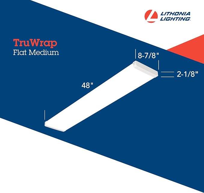 Lithonia Lighting 4' Wraparound LED Shop Light, Adj Brightness, 3-in-1 CCT | TruWrap 4-Foot Low-Profile LED Ceiling Light Fixture, Adjustable Lumens, 3000K/4000K/5000K CCT, Flat Diffuser, Medium Width
